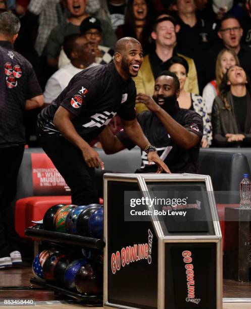 Chris Paul, left, and James Harden attends the State Farm Chris Paul PBA Celebrity Invitational at the Bowlero Woodlands on November 30, 2017 in The...