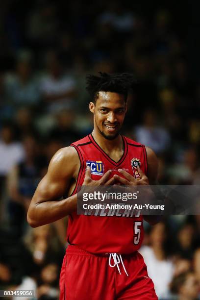 Jean-Pierre Tokoto of the Wildcats reacts during the round eight NBL match between the New Zealand Breakers and the Perth Wildcats at North Shore...