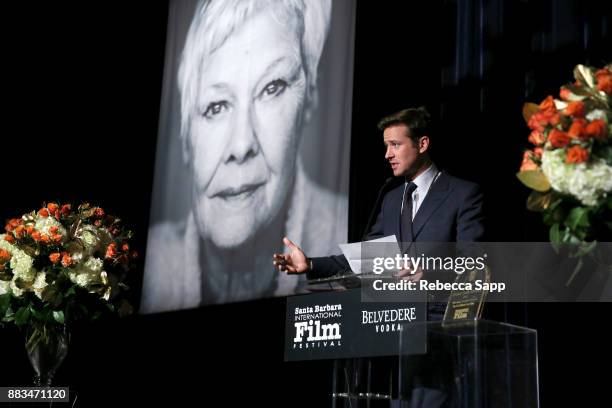 Armie Hammer speaks onstage at Santa Barbara International Film Festival Kirk Douglas Award of Excellence Dinner sponsored by Belvedere Vodka...