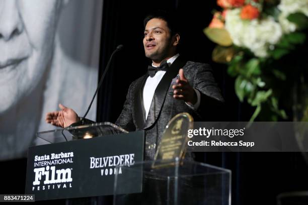 Ali Fazal speaks onstage at Santa Barbara International Film Festival Kirk Douglas Award of Excellence Dinner sponsored by Belvedere Vodka honoring...