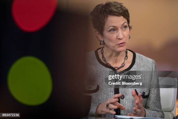 Inga Beale, chief executive officer of Lloyd's of London, gestures while speaking during a Bloomberg Television interview in London, U.K., on Friday,...