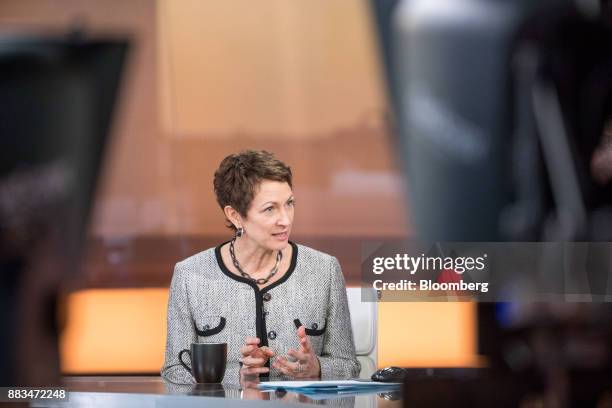 Inga Beale, chief executive officer of Lloyd's of London, gestures while speaking during a Bloomberg Television interview in London, U.K., on Friday,...