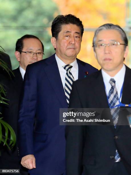 Prime Minister Shinzo Abe departs for a meeting of the Imperial Household Council on December 1, 2017 in Tokyo, Japan. Prime Minister Shinzo Abe...