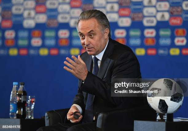 The Russian deputy prime minister Vitaly Mutko talks to the media during a talk show presentation prior to the 2018 FIFA World Cup Draw at the...