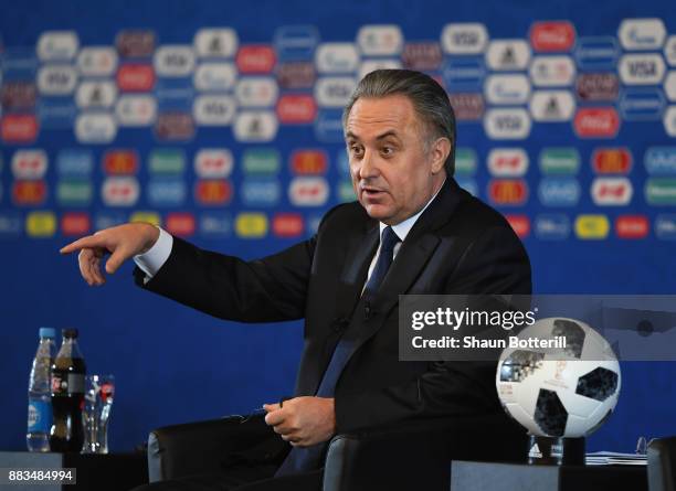 The Russian deputy prime minister Vitaly Mutko talks to the media during a talk show presentation prior to the 2018 FIFA World Cup Draw at the...
