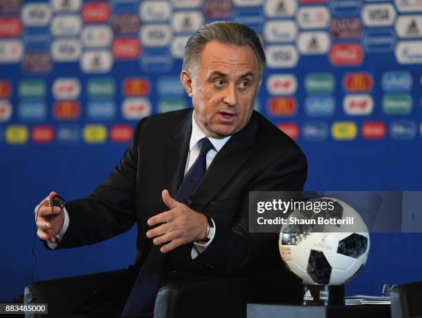 The Russian deputy prime minister Vitaly Mutko talks to the media during a talk show presentation prior to the 2018 FIFA World Cup Draw at the...