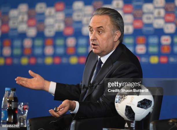 The Russian deputy prime minister Vitaly Mutko and FIFA President Gianni Infantino talk to the media during a talk show presentation prior to the...