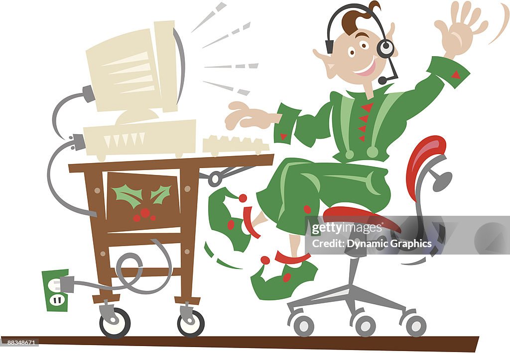 Elf Attacking Computer Elf Sitting At Computer Waving Color Illustrator Ver 5 Grouped Elements ...