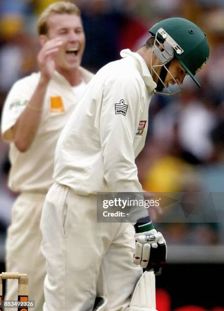 Australian speedster Brett Lee celebrates dismissing South African batsman Neil McKenzie on the second day of the second Test Match being played at...