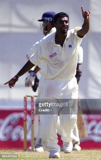 Sri Lankan spinner Mutthiah Muralidharan unsuccessfully appeals for Leg Before Wicket for Indian batsman Mohammad Kaif on the first day of the first...