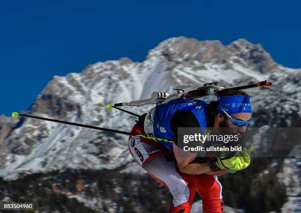 Michael Roesch beim Laufen waehrend dem 20km Einzelrennen der Herren bei der IBU Biathlon Weltmeisterschaft am 16. Februar 2017 in Hochfilzen .