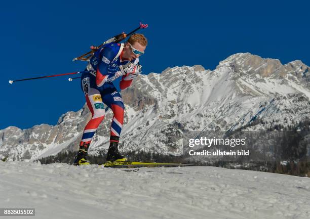 Johannes Thingnes Boe beim Laufen waehrend dem 20km Einzelrennen der Herren bei der IBU Biathlon Weltmeisterschaft am 16. Februar 2017 in Hochfilzen .