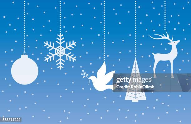 ilustraciones, imágenes clip art, dibujos animados e iconos de stock de adornos de navidad en un azul cielo que nieva - paloma blanca