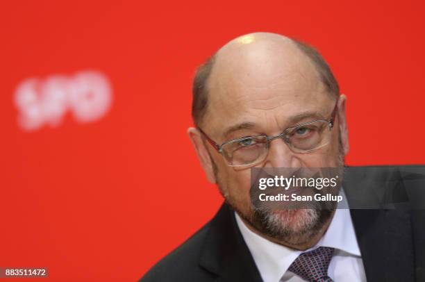 Martin Schulz, head of the German Social Democrats , speaks to the media to deny claims that there was a "green light" for the creation of a new...