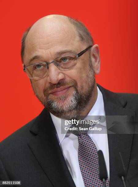 Martin Schulz, head of the German Social Democrats , speaks to the media to deny claims that there was a "green light" for the creation of a new...