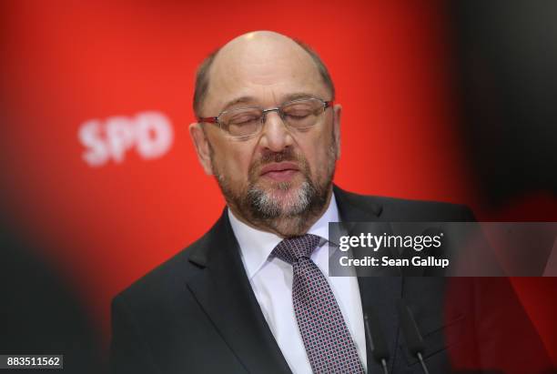 Martin Schulz, head of the German Social Democrats , speaks to the media to deny claims that there was a "green light" for the creation of a new...