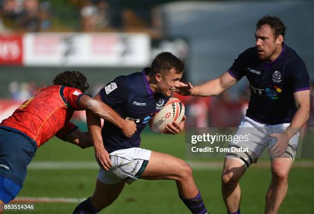 Gavin Lowe of Scotland and Scott Riddell of Scotland in action during the match between Scotland and Spain on Day Two of the Emirates Dubai Rugby...