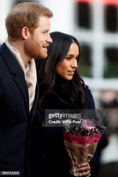 Britain's Prince Harry and his fiancee US actress Meghan Markle visit Nottingham Contemporary on December 1, 2017 in Nottingham, England. Prince...