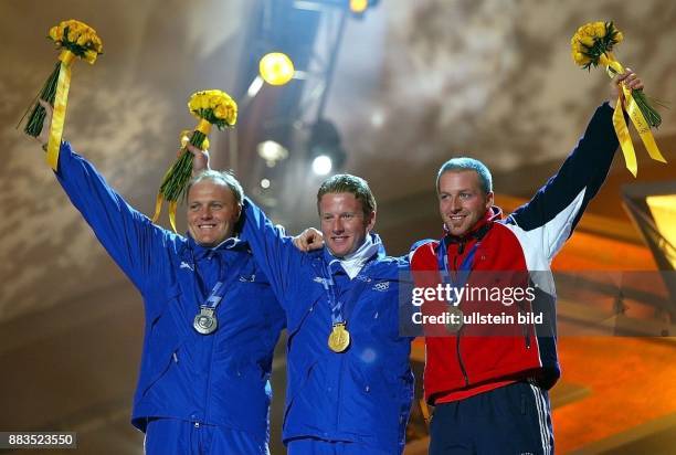 Siegerehrung Ski Alpin, Slalom, Herren: Sebastian Amiez Jean-Pierre Vidal Alain Baxter