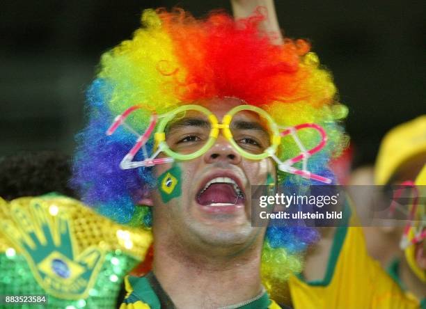 Fussball-WM 2002 Brasilianischer Fan mit Spaßbrille und bunter Perücke.