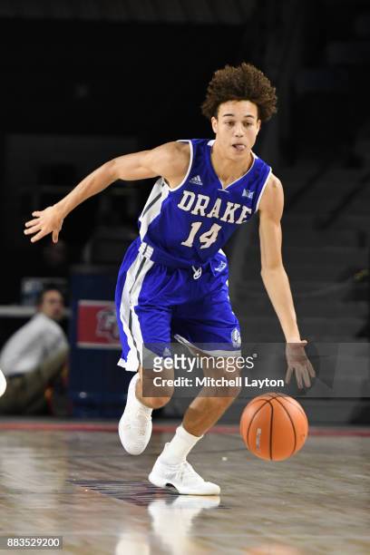 Noah Thomas of the Drake Bulldogs dribbles up court during the quarterfinals of the Paradise Jam college basketball tournament against the Wake...