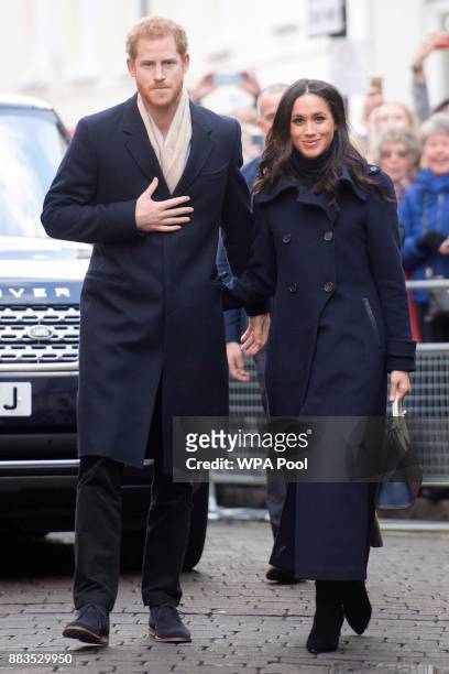 Prince Harry and his fiancee, US actress Meghan Markle, visit Nottingham for their first official public engagement together on December 1, 2017 in...