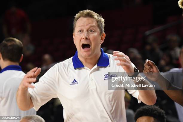 Head coach Niko Medved of the Drake Bulldogs reacts to a call during the quarterfinals of the Paradise Jam college basketball tournament against the...