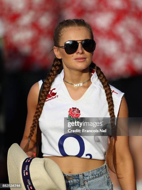 England fan looks on during Day Two of the Emirates Dubai Rugby Sevens - HSBC Sevens World Series at The Sevens Stadium on December 1, 2017 in Dubai,...