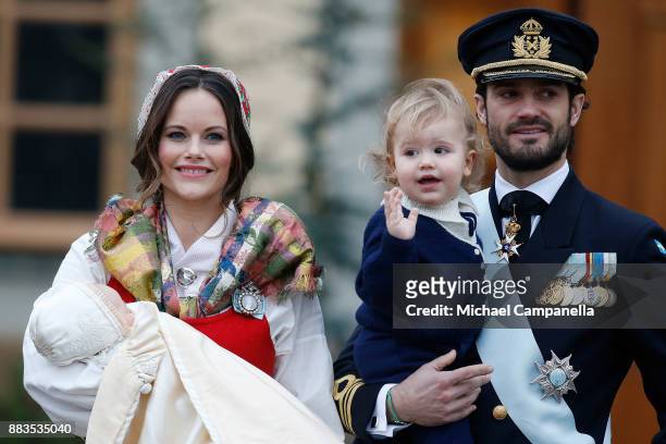 Prince Gabriel of Sweden, Duke of Dalarna held by Princess Sofia of Sweden and Prince Carl Philip holding Prince Alexander, Duke of Sodermanland...
