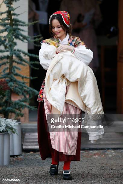 Prince Gabriel of Sweden, Duke of Dalarna held by Princess Sofia of Sweden leaves the chapel after the christening of Prince Gabriel of Sweden at...