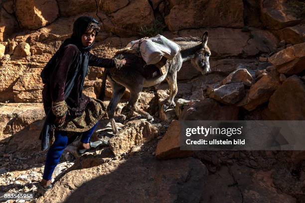 Todra Schlucht, Tinghir, Marokko, Weg zum Plateau, Nomaden, Maedchen < englisch> Todgha Gorge, Tinghir, Morocco, nomad girl