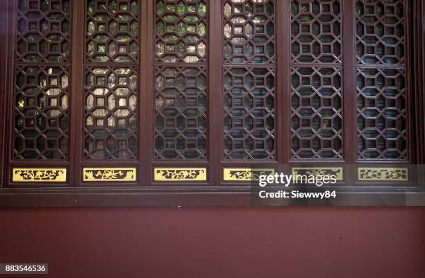 Oriental old Chinese wooden carved door with traditional pattern at an ancient.