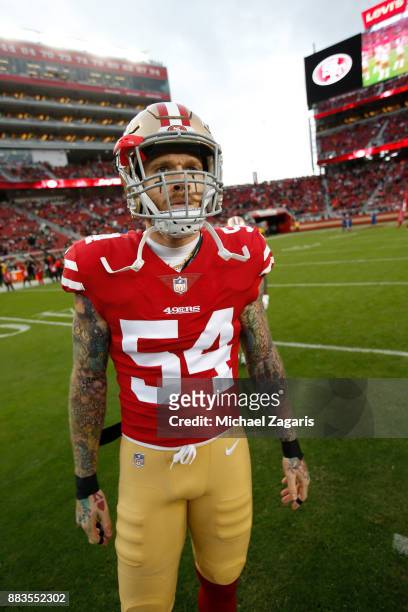 Cassius Marsh of the San Francisco 49ers stands on the field prior to the game against the Seattle Seahawks at Levi's Stadium on November 26, 2017 in...