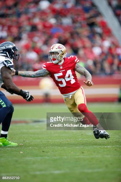 Cassius Marsh of the San Francisco 49ers rushes the quarterback during the game against the Seattle Seahawks at Levi's Stadium on November 26, 2017...