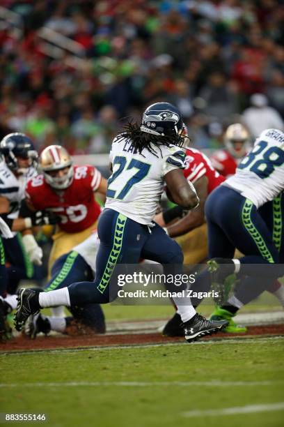 Eddie Lacy of the Seattle Seahawks rushes during the game against the San Francisco 49ers at Levi's Stadium on November 26, 2017 in Santa Clara,...