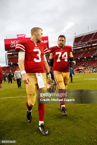 Beathard and Joe Staley of the San Francisco 49ers talk on the field following the game against the Seattle Seahawks at Levi's Stadium on November...