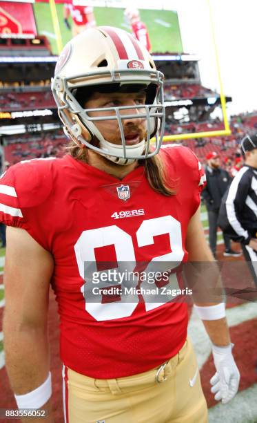Logan Paulsen of the San Francisco 49ers stands on the field prior to the game against the Seattle Seahawks at Levi's Stadium on November 26, 2017 in...