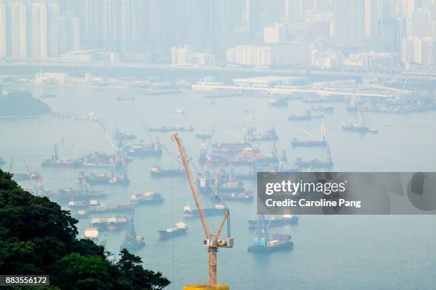 poor visibility of kowloon bay on a day covered with smog. - caroline pang bildbanksfoton och bilder