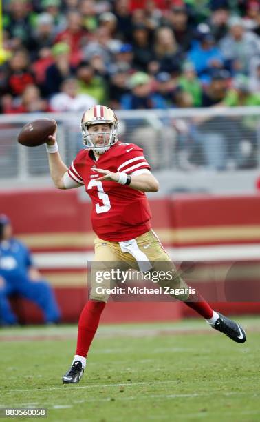 Beathard of the San Francisco 49ers passes during the game against the Seattle Seahawks at Levi's Stadium on November 26, 2017 in Santa Clara,...