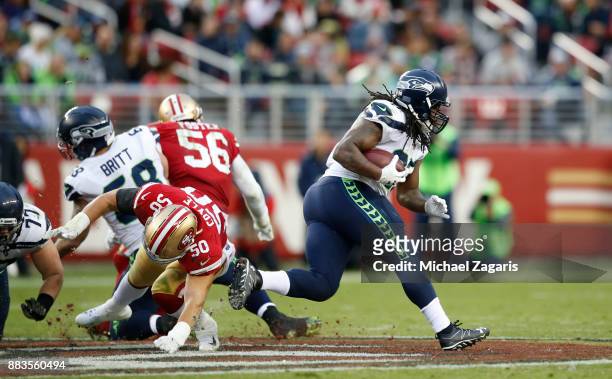 Eddie Lacy of the Seattle Seahawks rushes during the game against the San Francisco 49ers at Levi's Stadium on November 26, 2017 in Santa Clara,...