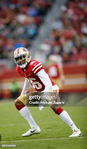 Dontae Johnson of the San Francisco 49ers defends during the game against the Seattle Seahawks at Levi's Stadium on November 26, 2017 in Santa Clara,...