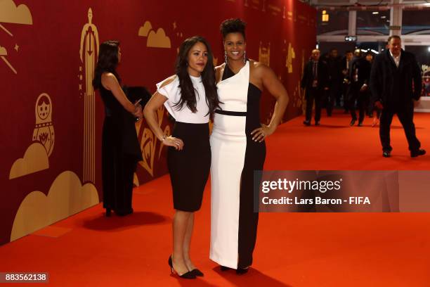 Former England footballer Alex Scott and former Canada footballer Karina LeBlanc arrive prior to the Final Draw for the 2018 FIFA World Cup Russia at...