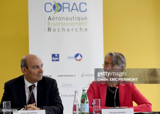 French Transport Minister Elisabeth Borne and Dassault Aviation Chief Executive and French Aerospace Industry Association GIFAS Chairperson, Eric...