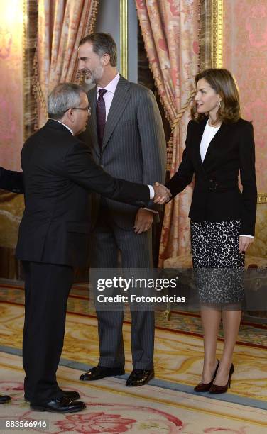 King Felipe VI of Spain and Queen Letizia of Spain attend a meeting with 'Princesa de Girona' Foundation members at the Royal Palace on December 1,...