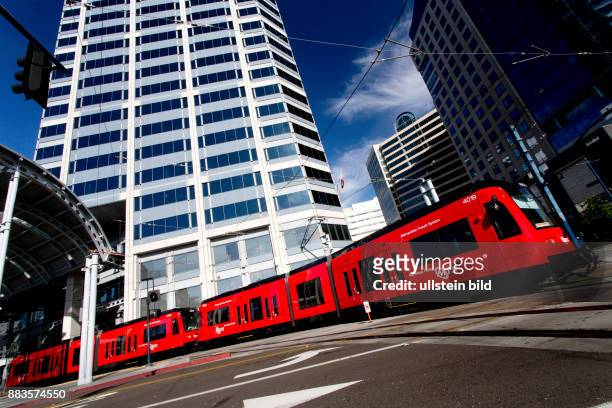 Trolley at America Plaza in San Diego Downtown.