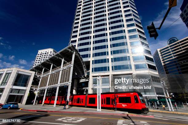 Trolley at America Plaza in San Diego Downtown.