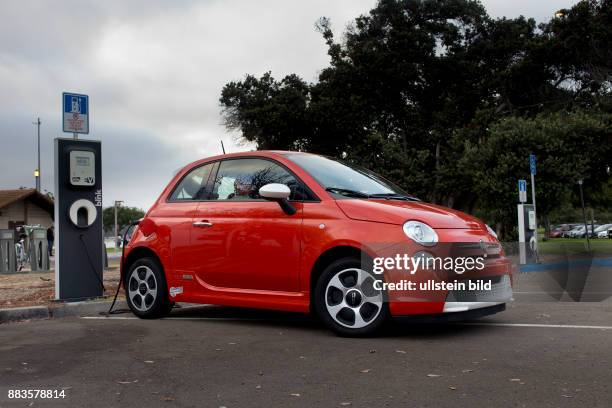 The electric car Fiat 500e, at an electric vehicle charging station at Mission Bay.