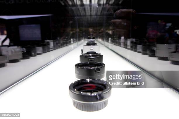 Lenses lined up at the Canon booth at the Photokina in Cologne.