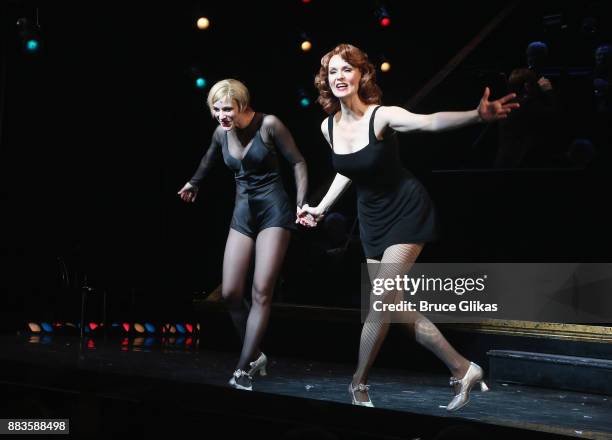 Charlotte d'Amboise as "Roxie Hart" and Leigh Zimmerman as "Velma Kelly" take the curtain call as Todrick Hall takes his first bow as "Billy Flynn"...