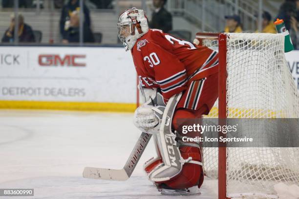 Ohio State Buckeyes goalie Sean Romeo looks on during a regular season Big 10 Conference hockey game between the Ohio State Buckeyes and Michigan...